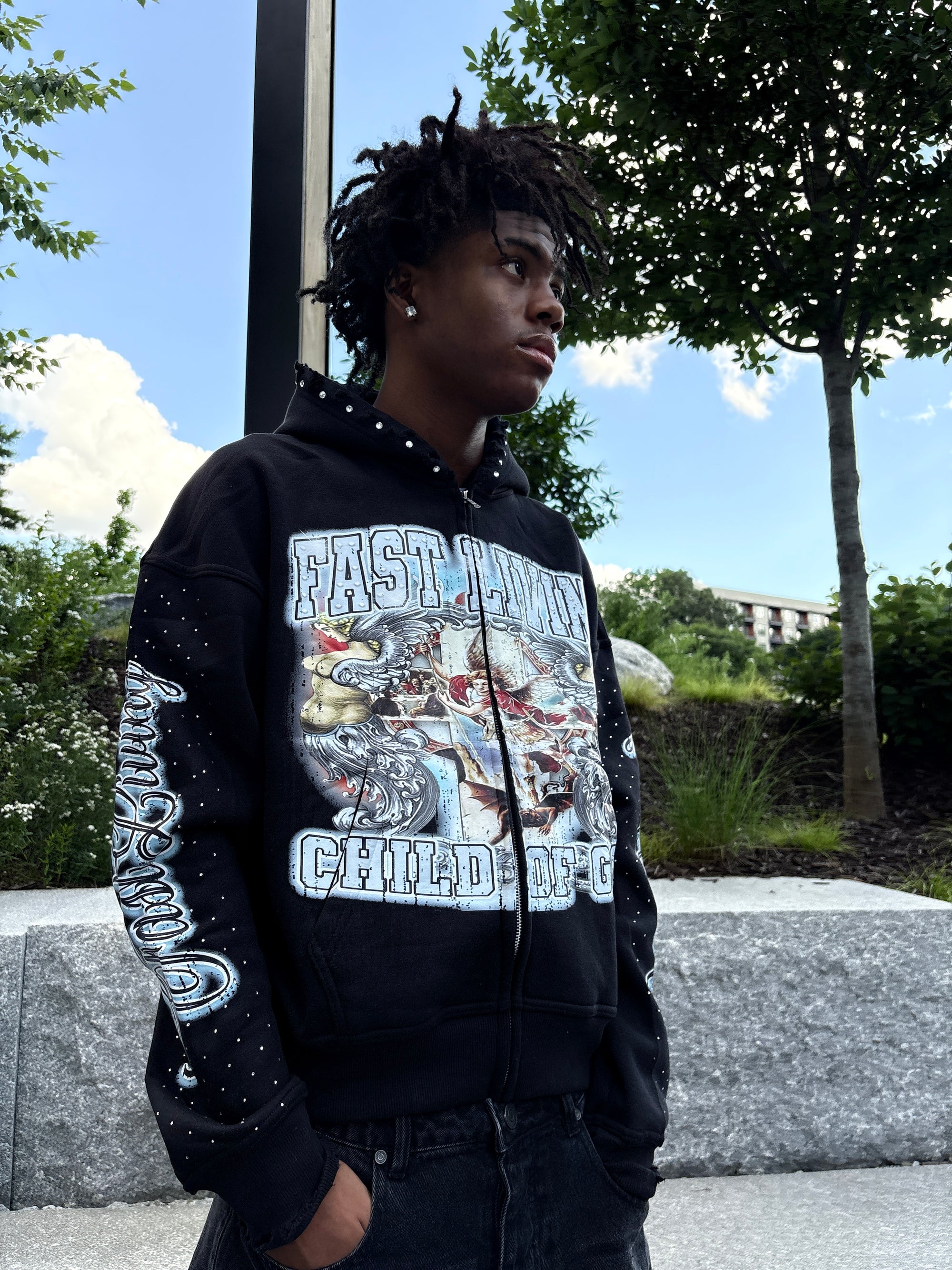 "CHILD OF GOD" FASTLIVING DISTRESSED ZIP UP